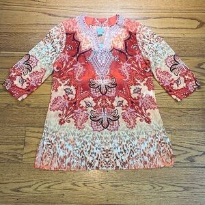 Chico ‘s Red and Orange Boho Mesh Bedazzled Quarter Sleeve Blouse b8